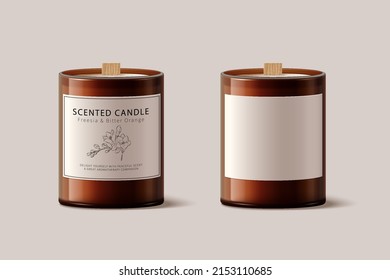 3d scented candle set, isolated on beige background. Brown glass product package, one with and without label design.