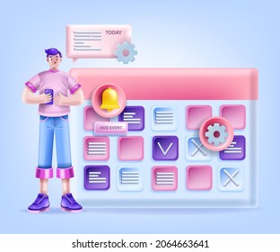 3D schedule calendar plan concept, vector busy young man character, online appointment event date. Student with smartphone, digital work agenda, education timetable person content process. 3D schedule