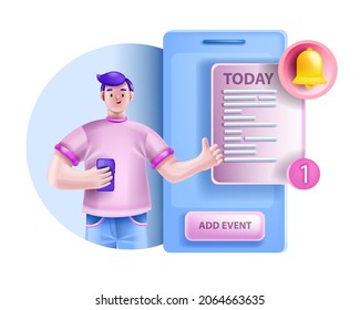 3D Schedule Calendar Work Event Concept, Vector Busy Young Man Character, Person Meeting Management. Student Project Online Agenda, Organize Planner Reminder. 3D Daily Task Schedule App Design