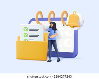 3D schedule management concept vector illustration with characters. Time management, planning, and organization of tasks and projects 3D icon. Digital tools, productivity apps, and deadline tracking.