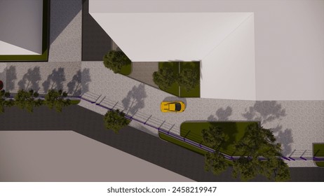 3D SCHEMATIC DESIGN AND ABOVE VIEW OF PARKING LOCATIONS IN BUILDINGS WITH CONNECTING ROADS