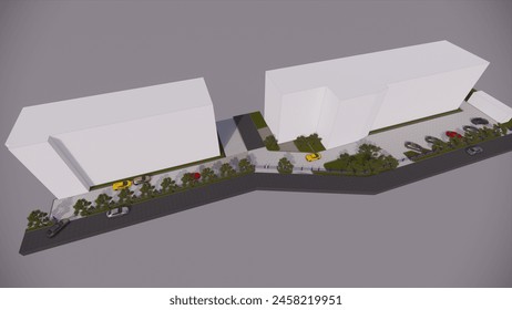 DISEÑO ESQUEMÁTICO 3D Y VISTA SUPERIOR DE LOCACIONES DE ESTACIONAMIENTO EN EDIFICIOS CON CARRETERAS DE CONEXIÓN