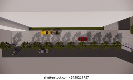 3D SCHEMATIC DESIGN AND ABOVE VIEW OF PARKING LOCATIONS IN BUILDINGS WITH CONNECTING ROADS