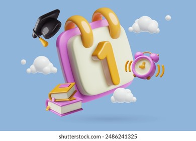 3d school background with the 1st day of September calendar page, alarm clock, textbooks and student cap. Cute plastic vector education design.