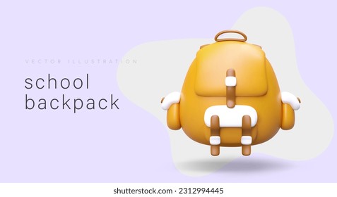 3D school backpack. Back to school. Realistic pupils bag with pockets and fasteners. Color vector banner, place for text. Template for advertising school supplies. Illustration in plasticine style