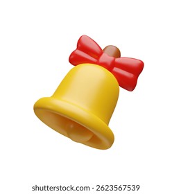 Campana de la escuela 3D. Objeto de educación de Ilustración vectorial tridimensional. Símbolo de alarma clásico. Anillo de Navidades con lazo rojo. Elemento de anuncio de oro de alarma. Fuerte recordatorio en la clase. Regreso a la escuela