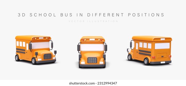 Autobús escolar 3D en diferentes posiciones. Vehículo amarillo clásico para transporte seguro de escolares. Excursiones para grupos de niños. Ilustración vectorial aislada con sombras