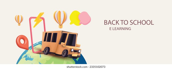 3d school bus vector , globe, 
trophy , balloon and many other items flying in the sky, in the style of minimalist backgrounds,unique character design