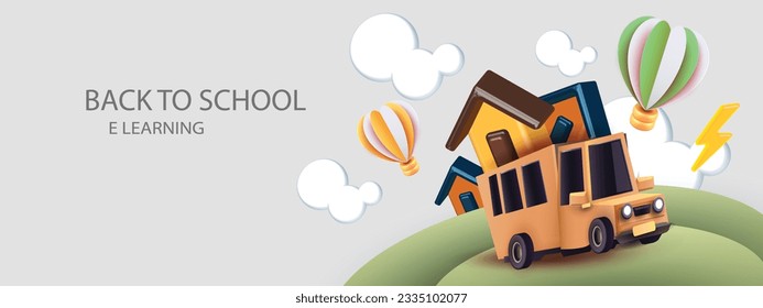 3d school bus vector , globe, 
trophy , balloon and many other items flying in the sky, in the style of minimalist backgrounds,unique character design