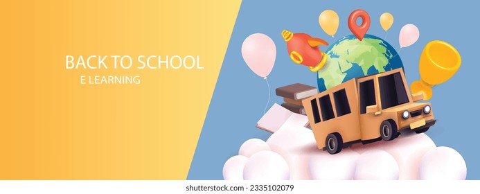 3d school bus vector , globe, 
trophy , balloon and many other items flying in the sky, in the style of minimalist backgrounds,unique character design