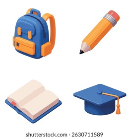 3D school icon set featuring a backpack, pencil, open book, and graduation cap in blue, orange, and cream colors.