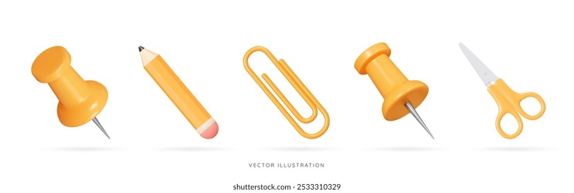 3D-Icon-Set für Schulmaterial und Bürobedarf. Gelber Bleistift, Büroklammer, Druckstift und Schere. Papierelemente. Studium und Ausbildung. Cartoon-Designobjekte einzeln auf Weiß. 3D-Vektorgrafik