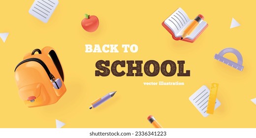 3d school stationery banner. Render flying colorful items of students equipment education tools backpack supplies for marketing sale academic knowledge back vector illustration of education banner