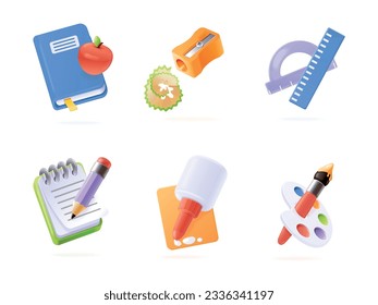 3d school stationery. Render study elements for student education equipment or office writing tools, glue isolated sharpener ruler, isometric icon exact vector illustration of stationery education