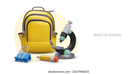 3D school supplies, advertising poster. Back to school. Online store concept. Yellow backpack, microscope, pencil, binder clip. Banner, header, flyer template on white background