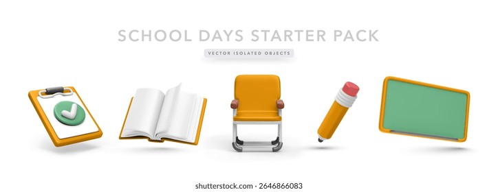 3D School Supplies Collection With Clipboard, Open Book, Classroom Chair, Pencil, And Chalkboard. Ideal For Education, Back To School, And Learning Concepts. Colorful Vector Illustration.