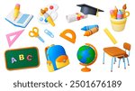 3d school supplies. Education lesson icons render style. Pencil globe school bag diploma scroll graduation hat. Pithy vector realistic collection