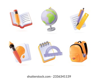 3d school supplies. Render studying tools, childish schools student or office stationery notebook pencil eraser pen paper book backpack, isometric icon exact vector illustration of school education 3d