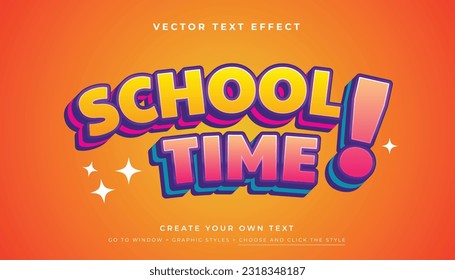 Tiempo Escolar 3D, Estilos gráficos divertidos y coloridos de efecto de texto, vector