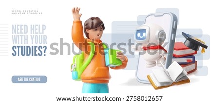 A 3D schoolchild with a backpack and books waves to a chatbot on a smartphone screen. Concept of online education, AI in learning, service, and assistance. Vector illustration. Render.