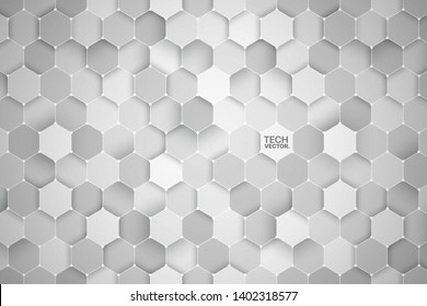 3D Science Technology Hexagonal Light Gray Vector Abstract Background. Three Dimensional Tech Hex Structure Wallpaper. Technology Abstract Vector Background