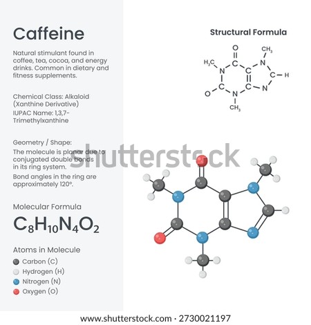 3D scientific illustration of Caffeine molecule showing its chemical structure. Ideal for chemistry, medical, lifestyle, and educational science visuals.