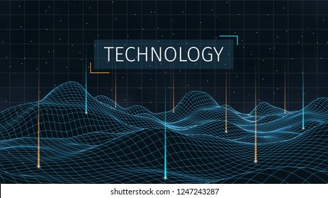 3d sci-fi retro connection background. Wireframe topography landscape. Blockchain and crypto currency technology background. Digital landscape. HUD elements. Big data and artificial intelligence.  