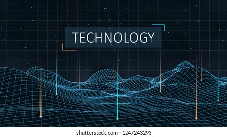 3d sci-fi retro connection background. Wireframe topography landscape. Blockchain and crypto currency technology background. Digital landscape. HUD elements. Big data and artificial intelligence.  