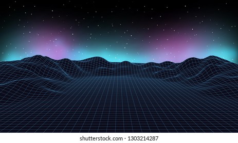 3d sci-fi retro connection background. Wireframe topography landscape. Blockchain and crypto currency technology background. Digital landscape. HUD elements. Big data and artificial intelligence.