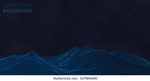 3D-Sci-fi-Retro-Anschluss Hintergrund. Wireframe Topographie Landschaft. Blockchain und Kryptowährungstechnologie Hintergrund. Digitale Landschaft. HUD-Elemente. Big Data und künstliche Intelligenz.