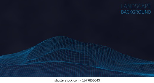 3d sci-fi retro connection background. Wireframe topography landscape. Blockchain and crypto currency technology background. Digital landscape. HUD elements. Big data and artificial intelligence.