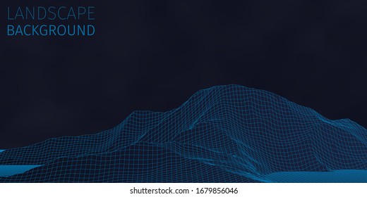 3d sci-fi retro connection background. Wireframe topography landscape. Blockchain and crypto currency technology background. Digital landscape. HUD elements. Big data and artificial intelligence.