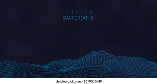 Fondo de conexión retro de ciencia ficción 3d. Paisaje topográfico de alambres. Fondo tecnológico de la cadena de bloqueo y criptografía. El paisaje digital. Elementos HUD. Grandes datos e inteligencia artificial.