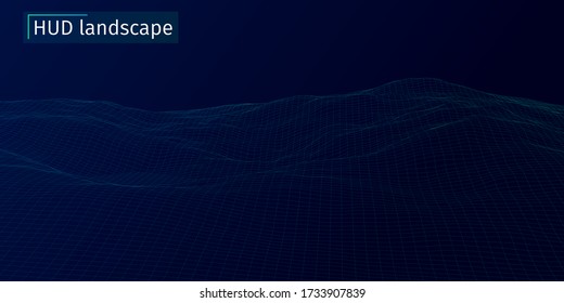 3d sci-fi retro connection background. Wireframe topography landscape. Blockchain and crypto currency technology background. Digital landscape. HUD elements. Big data and artificial intelligence.