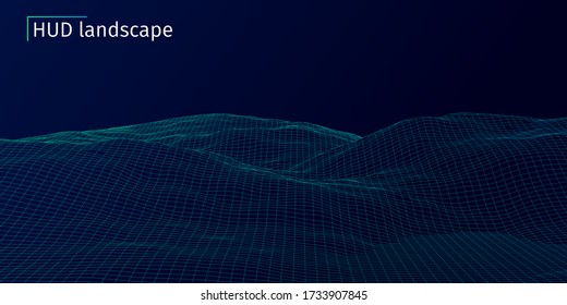 3d fondo de conexión retro de ciencia ficción. Paisaje topográfico de alambres. Fondo de tecnología de moneda de cadena de bloqueo y cripto. El paisaje digital. Elementos HUD. Grandes datos e inteligencia artificial.