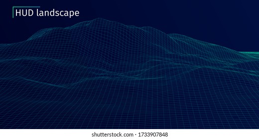3d sci-fi retro connection background. Wireframe topography landscape. Blockchain and crypto currency technology background. Digital landscape. HUD elements. Big data and artificial intelligence.