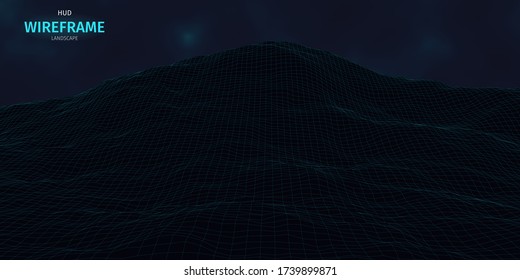 3d sci-fi retro connection background. Wireframe topography landscape. Blockchain and crypto currency technology background. Digital landscape. HUD elements. Big data and artificial intelligence.