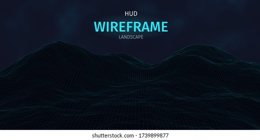 3d sci-fi retro connection background. Wireframe topography landscape. Blockchain and crypto currency technology background. Digital landscape. HUD elements. Big data and artificial intelligence.