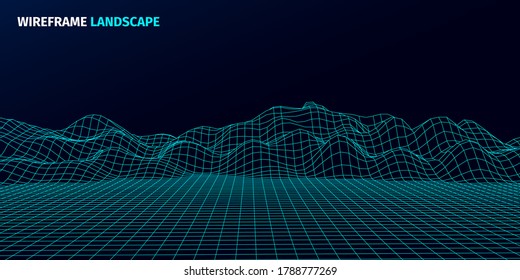 3D-Sci-fi-Retro-Anschluss Hintergrund. Wireframe Topographie Landschaft. Blockchain und Kryptowährungstechnologie Hintergrund. Digitale Landschaft. HUD-Elemente. Big Data und künstliche Intelligenz.