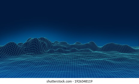 3d sci-fi retro connection background. Wireframe topography landscape. Blockchain and crypto currency technology background. Digital landscape. HUD elements. Big data and artificial intelligence.