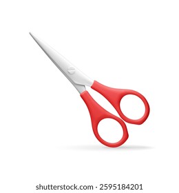 3D scissors with red plastic handles isolated on white. Render metal scissors icon. Stationery, office or school supply. Vector illustration