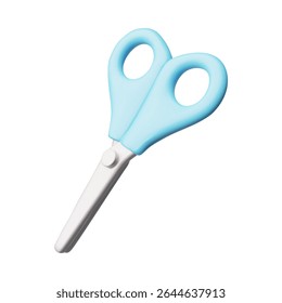 3D scissors. Vector illustration of plastic closed scissors with blue handle and rounded ends. For school, crafts, office. Stationery. Render. Cartoon icon. Isolated background. Minimalism.