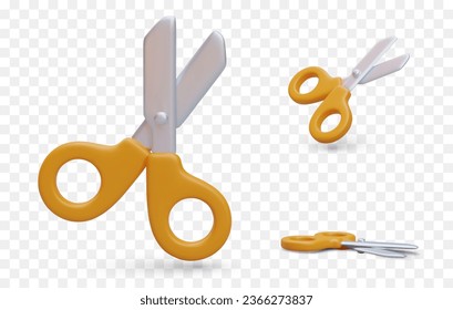 3D scissors with yellow plastic handles. Stationery tool for cutting paper, cardboard. Sharp school accessory. Set of isolated vector objects. Front, side view