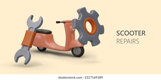 3D scooter, wrench, gear. Repair of electric scooters. Technical inspection, restoration after accidents. Professional service. Horizontal template for web design