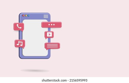 3D screen table icon with chat, play music and media player. 