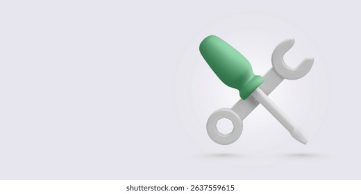 3D Screwdriver and Wrench Crossed Over Light Background. Ideal for Service Icons, Repair Concepts, Maintenance Tools, or Technical Graphics. Vector Illustration.
