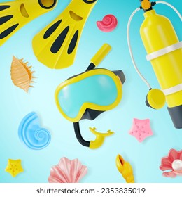 3 d Buceo Scuba Aprender a bucear con el concepto de estilo de dibujos animados. Ilustración vectorial del equipo de buceo