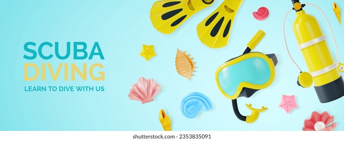 3d Scuba Diving Learn to Dive with Us Horizontal Invitation Placard Poster Banner Card Template Cartoon Style. Vector illustration of Diving Equipment