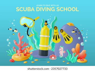 3d Scuba Diving School Placard Poster Banner Card Template Cartoon Style Extreme Sport Equipment. Vector illustration of Underwater Activity Scuba Diving
