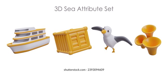 3d sea attribute set. Realistic cruise, yellow container with cargo, seagull, and corals. Horizontal poster with place for text. Vector illustration with white background